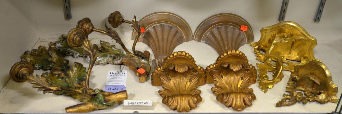 Shelf #65 - (8) Wall Sconces and Shelves: Shelf #65 - Pair Wood Painted Leaf Sconce (15" h), (2) Pairs Hanging Wall Shelves, 2 Single Gold Hanging Wall Shelves