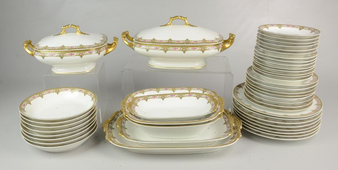 (45) Pcs Vignaud Limoges Dinnerware: (45) Pcs Vignaud Limoges pink flowers with swags dinnerware, c/o 8 dinner plates, 8 salad plates, 8 B&B plates, 8 soup bowls, 6 saucers, 2 oval serving bowls, 2 oval platters, 2 covered casseroles (on