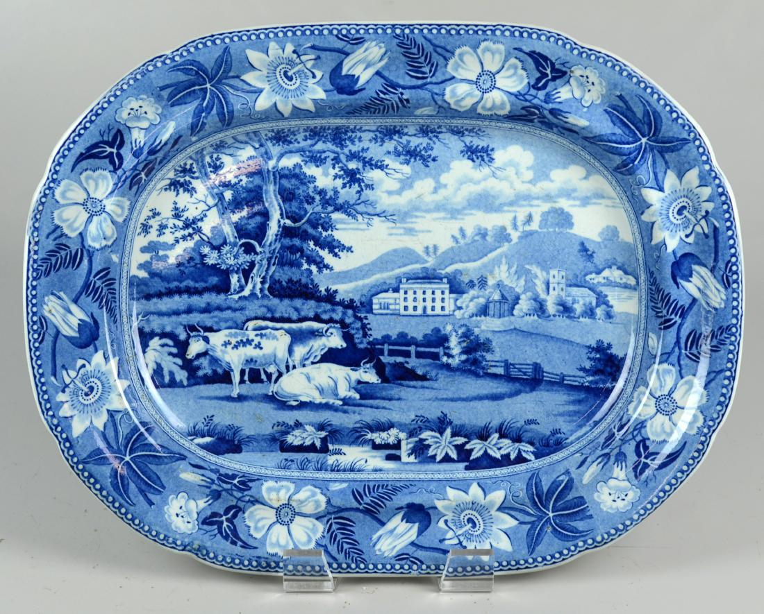 Wiseton Hall Transfer Platter: Blue & white transferware platter, Wiseton Hall in Nottinghamshire, English estate scene with gazebo & church, cows in the foreground, unmarked, but believed to have been made by the Leeds pottery of