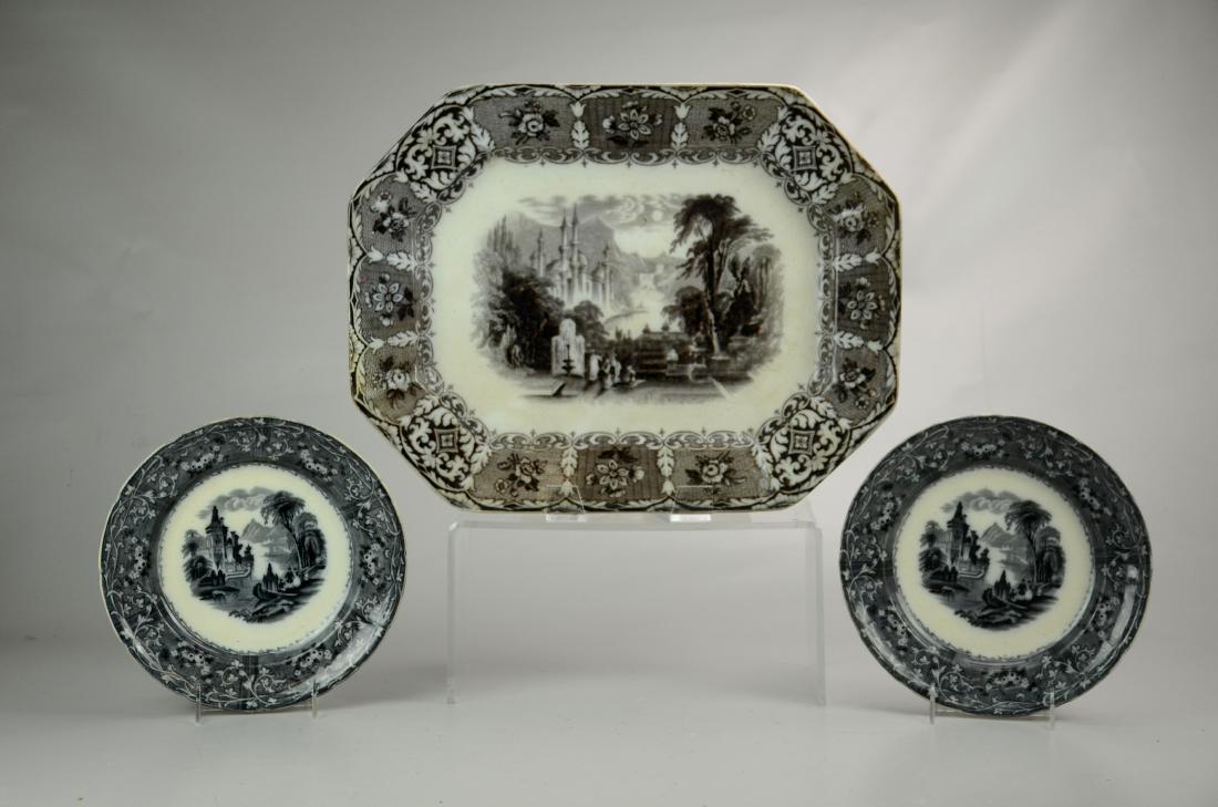Ironstone Platter and Plates: Wedgwood Ironstone Platter (18" l x 14" w x 2" h), (2) J Mayer Ironstone Plates (One Has Hairline)