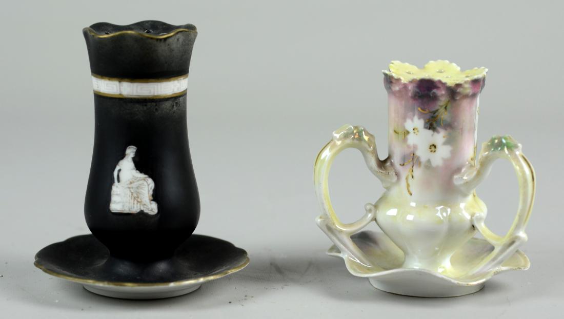 (2) Porcelain Hat Pin Holders: (2) Porcelain hat pin holders, c/o Royal Bayreuth, RS Prussia, tallest 4-3/4"