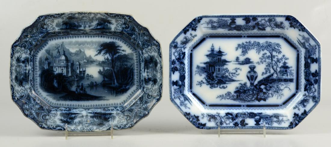 (2) Flow Blue Porcelain Platters: (2) Flow Blue porcelain platters, c/o Adams & Sons Jeddo pattern ironstone (12-1/4" x 9-1/2"), Saml Alcock Co Loretta pattern (12-3/8" x 9-3/4"), 19th C