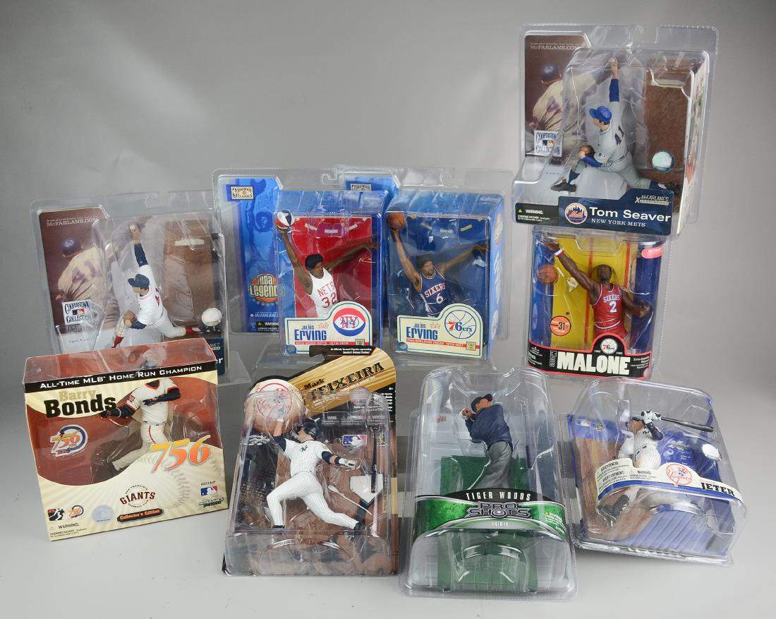 (9) Sports Figures: (9) Sports figures, including Julius Erving variant NBA Legends, Malone 76ers, Tom Seaver variant Cooperstown Series 1, Jeter, Barry Bonds, Teixeira, Tiger Woods 2009 Pro Shots Upper Deck Series 2