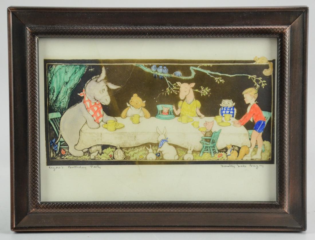 Dorothy Lake Gregory (1893-1970), Eeyore's Birthday: Dorothy Lake Gregory (1893-1970), Eeyore's Birthday Party, Hand Colored photo lithograph Dimensions: 3 x 6 1/2", crease at right side