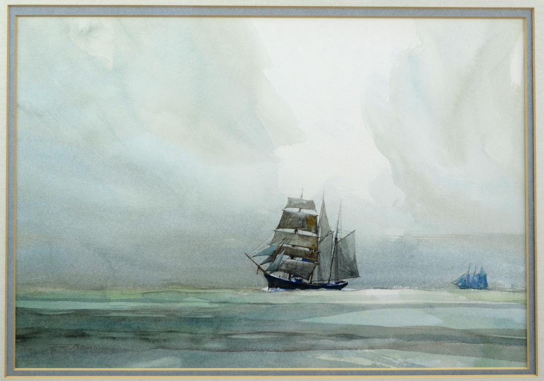James MItchell Watercolor "Clipper Ships at Sea": James MItchell, 20th C American, watercolor "Clipper Ships at Sea", signed lower left, 11-1/4" x 16-1/4" sight, framed 20-1/4" x 25", very good condition