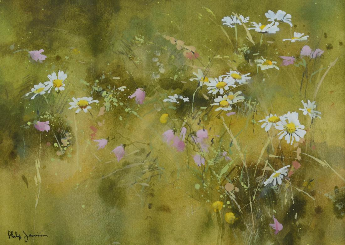 Philip Jamison Watercolor " Daisies & Hairbells": Philip Jamison (American, b. 1925), watercolor " daisies & Hairbells", watercolor and gouache on paper, signed lower left, 10" x 14" sight, framed 17-1/8" x 21-1/8", good condition