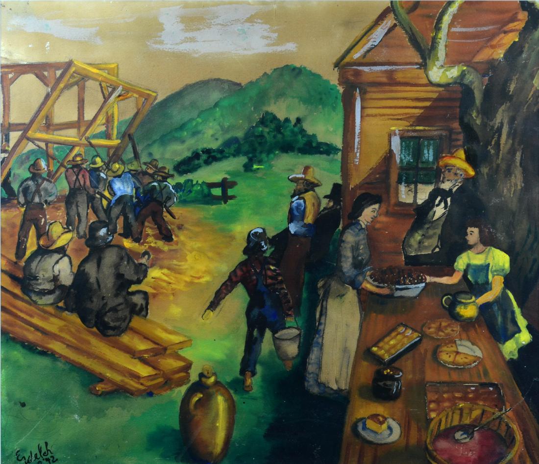 E. Welch Naive Folk Art Painting "Amish Barnraising": E. Welch naive folk art art painting "Amish Barnraising", watercolor on paper, signed "E. Welch '42", 21-1/2" x 24-3/4", framed 31-1/2" x 33-1/2", very good condition