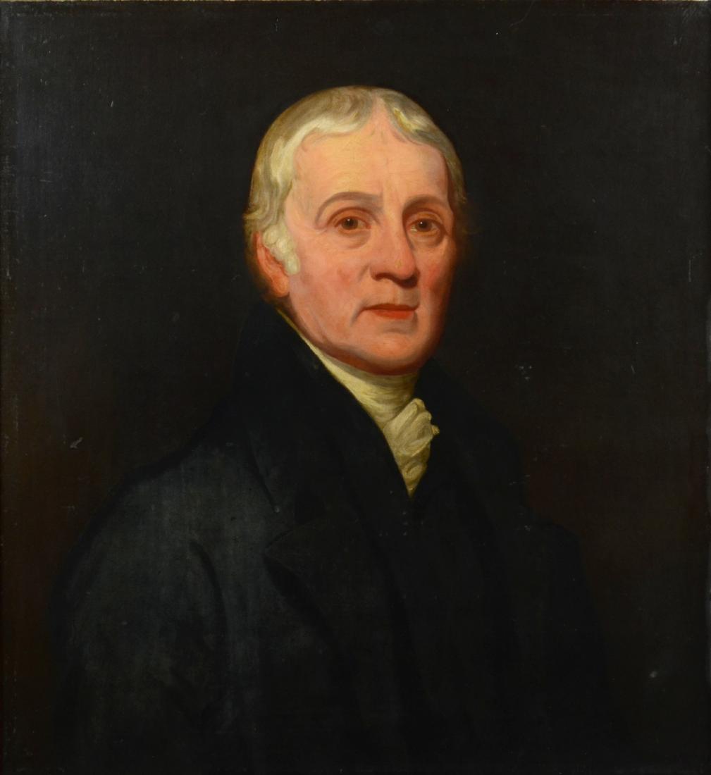 Portrait Painting of George Lissant Cox: Portrait painting of George Lissant Cox, early 19th C, oil on canvas removed from stretcher, unsigned, 24" x 22", framed 28-3/4" x 26-3/4", good condition, restored and relined, later frame