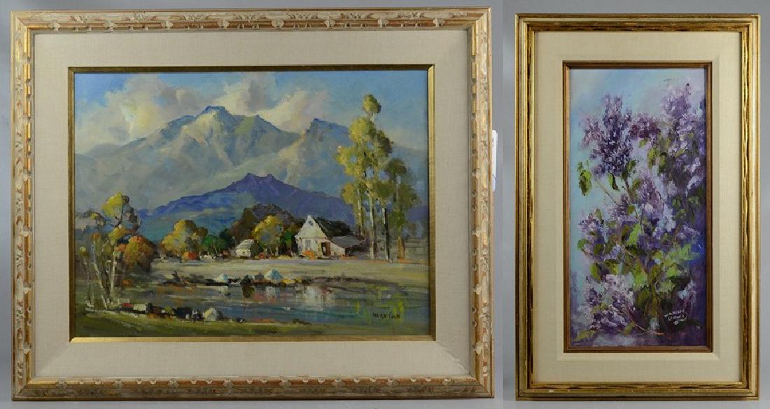 Dirk Smit Farm Scene Painting: Dirk Smit (American, 1889-1985), farm scene painting, oil on canvas, signed lower right, 18" x 24", framed 25-3/4" x 31-3/4", together with Walburga Schaver floral painting, both very good condition