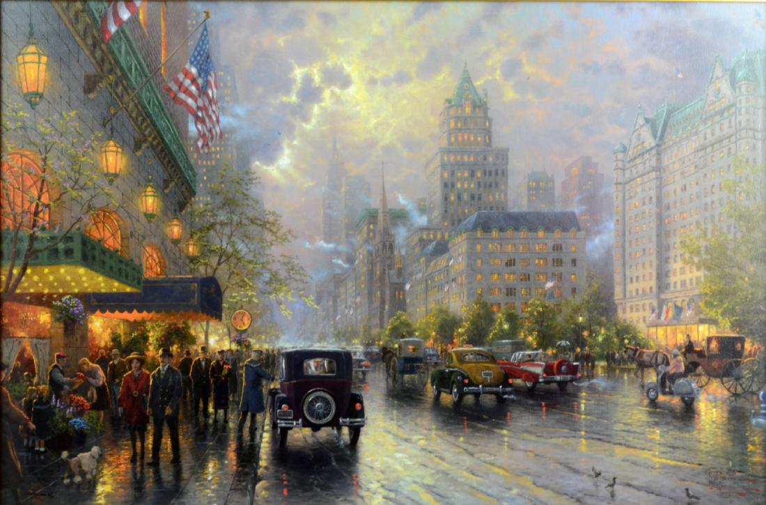 Thomas Kinkade Giclee "New York, Fifth Avenue": Thomas Kinkade Giclee "New York, Fifth Avenue", giclee on canvas, signed in image, edition 265/1200 G/P, 24" x 36", framed 32-1/4" x 44-1/4", very good condition