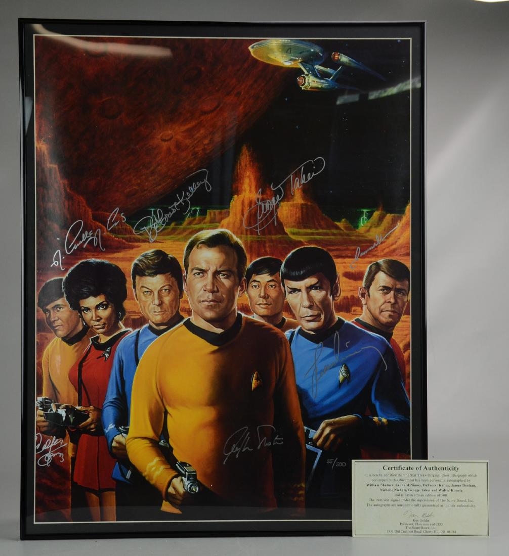 Star Trek Signed Poster: Star Trek original cast, signed poster, silver ink, William Shatner, Leonard Nimoy, DeForest Kelley, James Doohan, Nichelle Nichols, George Takei, Walter Koenig, 55/500, Scoreboard certified, 28" x 22