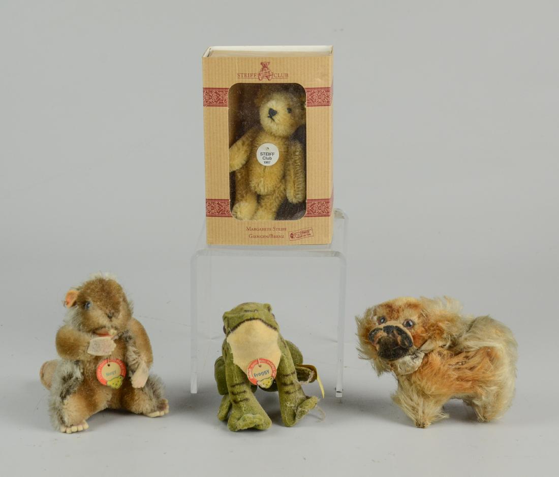 (4) Steiff Animals Including Froggy, Nagy Chipmunk,: (4) Steiff Animals Including Froggy, Nagy Chipmunk, Peky Dog, Club Bear (3" l x 4" w x 4" h)