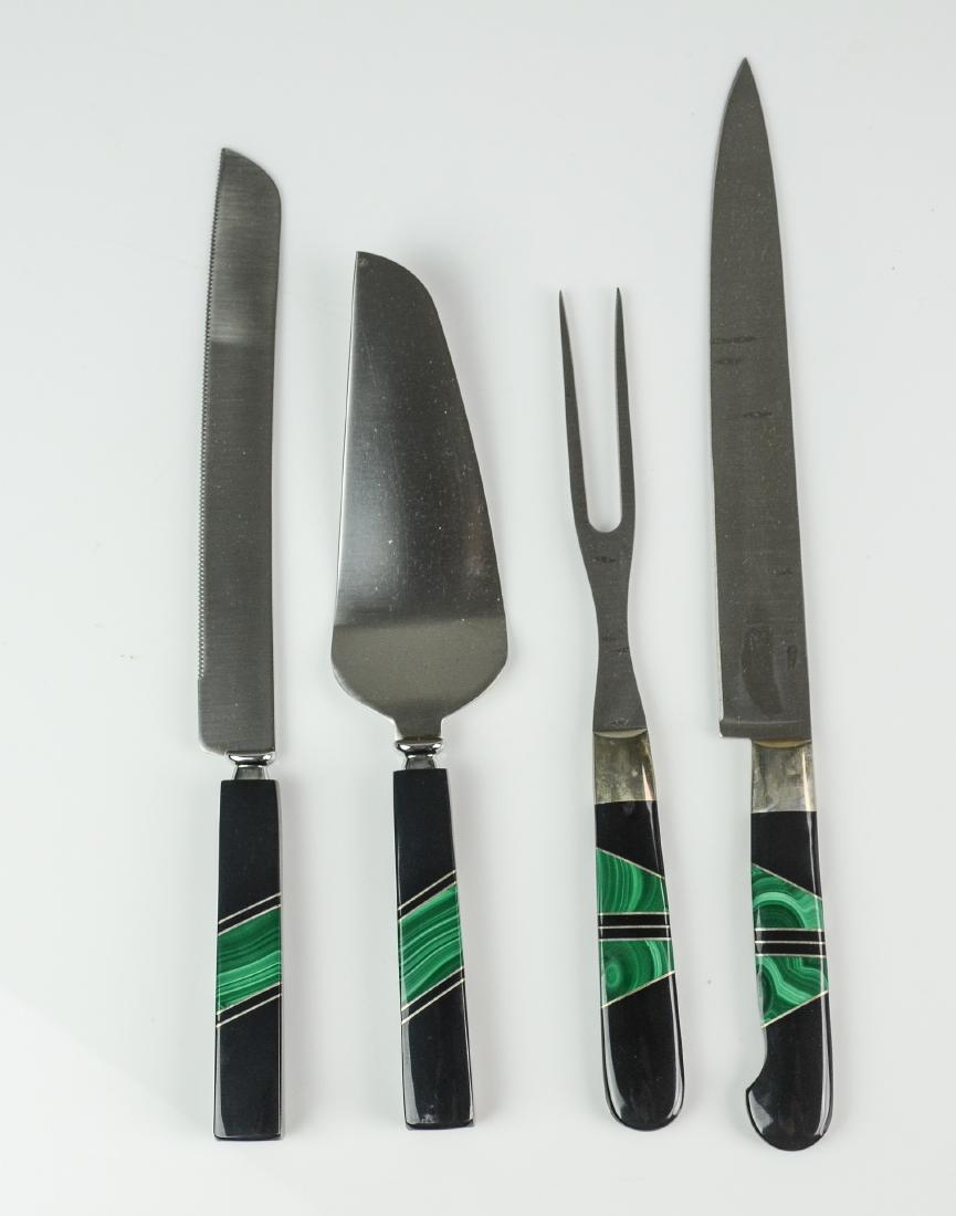 Carving and Cake Set: Sante Fe Stoneworks Carving Set with Jet and Malachite Handles with Box, Unmarked Cake Serving Set with Jet and Malachite Handles in Box