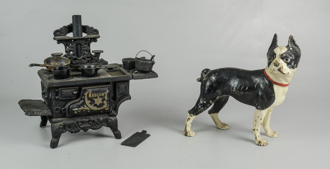 Cast Iron Doorstop and Stove Toy: Hubley Boston Terrier Doorstop (9-1/2" l x 4-1/2" w x 11" h), Crescent Salesman's Sample Stove Toy with Accessories (Made in Taiwan)