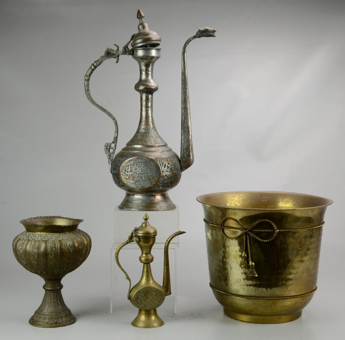 (4) Pcs Middle Eastern Metal Work: (4) Pcs Middle Eastern metal, c/o bucket with rope decoration, 2 ewers, footed vase, tallest 18-1/2"