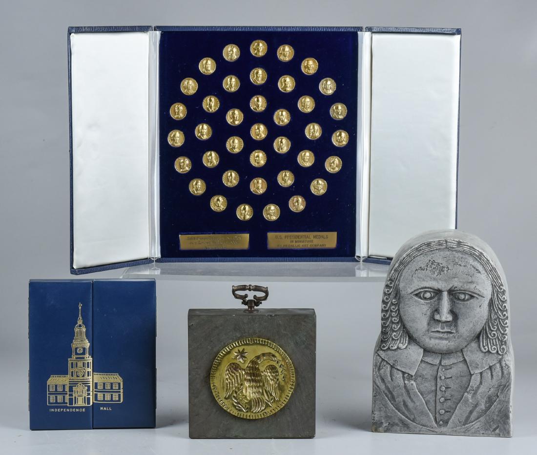 Bronze Medals, Wood Chip from Independence Hall: (38) Bronze US Presidential Medals (Each Measures 3/4" dia), Authentic Wood Chip from Independence Hall, Hanging Brass Eagle Inset in Stone, Lieutenant Ebenezer Fiske Stone Effigy