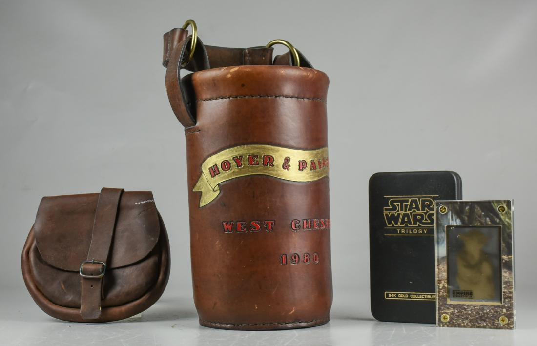 Leather Fire Bucket and Star Wars Card: Hoyer and Painter West Chester PA 1980 Leather Fire Bucket with Leather Pouch (7" dia x 12" h), Authentic Images 24K Gold Card Star Wars Yoda