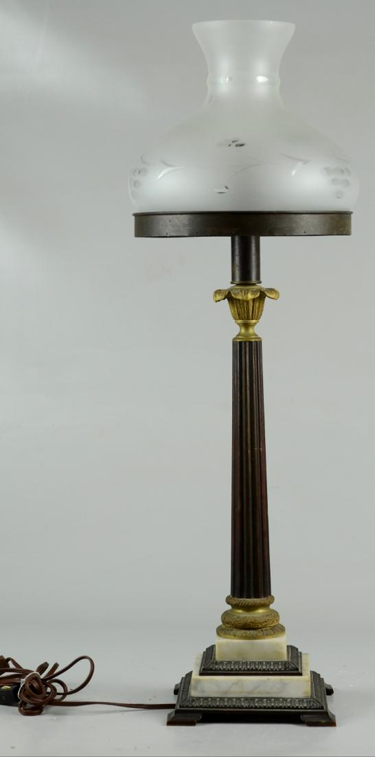 Bronze Sinumbra Lamp with Prisms: Bronze Sinumbra Lamp with Frosted Glass Shade and Prisms (29" h), (Has 13 Prisms, Missing 6 Prisms)