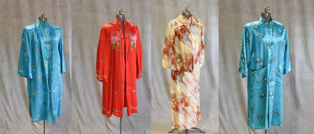 (4) 1960's Asian Robes and Dress: (3) 1960's Asian robes to include (1) red chrysanthemum embroidered robe with floral and foliage border (2) turquoise jacquard robes and (1) 60's floral and gold threaded shift dress with matching jac