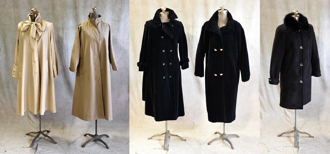 (5) Vintage and Contemporary Jackets: 5 Pcs Vintage and contemporary coat grouping to include Geoffrey Beene for Gallant batwing sleeve trench coat, Berkowitz 60's velvet coat, handmade silky taupe trench and two modern black coats, one w