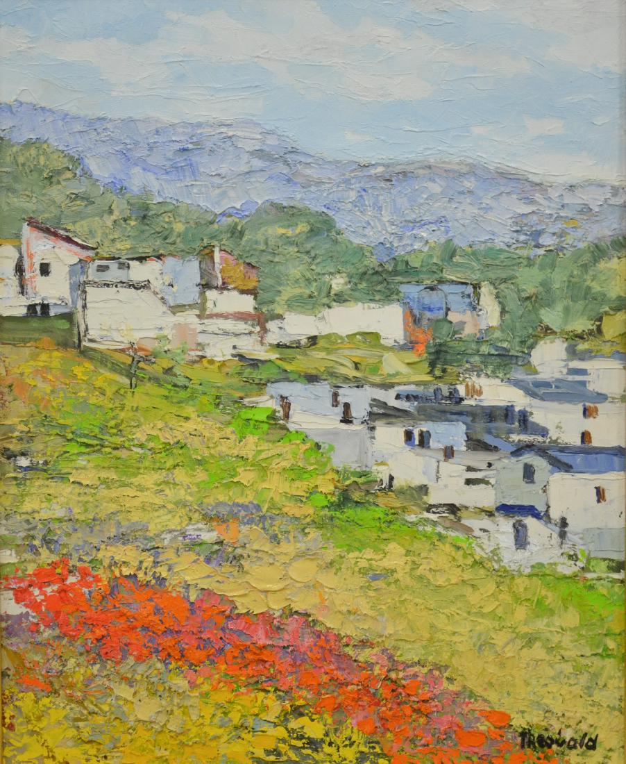 Theobald, Renee, oil on canvas "Village": Theobald, Renee (French, 1926-2014), oil on canvas "Village", 1999, 32" x 25.5", framed 38" x 31.5" O5198