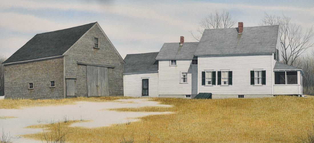 Dunham, Gregory, watercolor "Surry Farmhouse": Dunham, Gregory (American, b 1946), watercolor "Surry Farmhouse", 19.5" x 39" sight, framed 32" x 51.5" W450