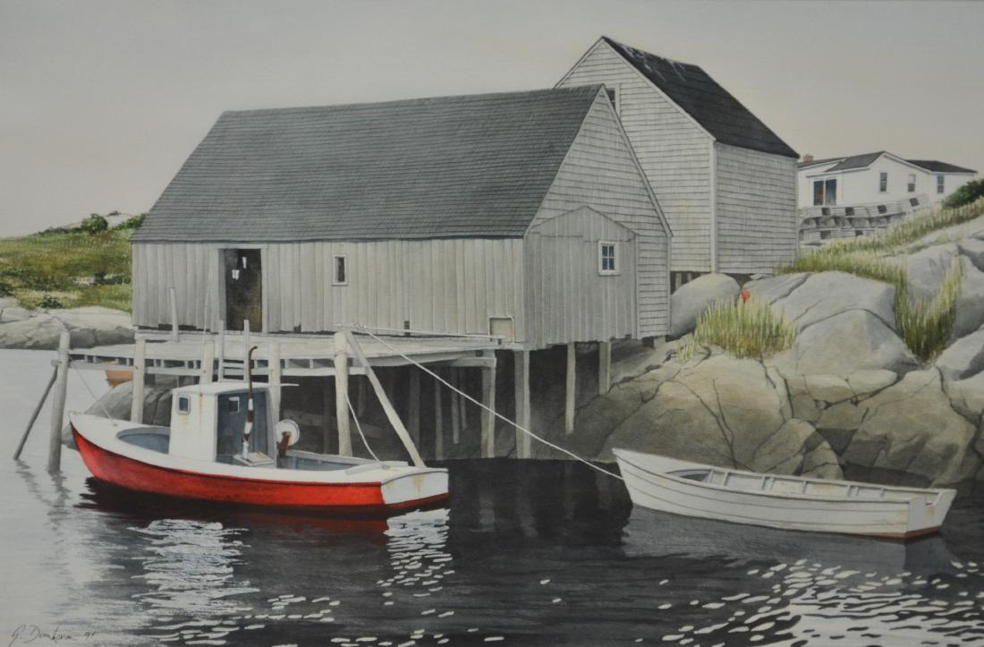 Dunham, Gregory, watercolor "Red Boat, Dockside": Dunham, Gregory (American, b 1946), watercolor "Red Boat, Dockside", 1994, 11.75" x 17.5" sight, framed 27.75" x 32.75" W1541