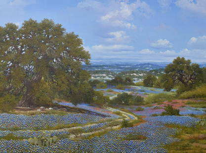 William A. Slaughter, oil, Texas Bluebonnet Landscape: William A. Slaughter (American, 1923-2003), oil on canvas Texas Bluebonnet Landscape, 30" x 40", framed 38" x 48" O1959. Slaughter was one of the most prolific and popular of all the Texas "Bluebonnet