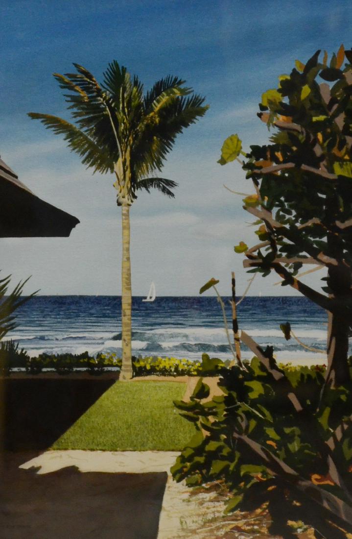 Newnam, Thomas A., watercolor on paper "Sail Boat: Newnam, Thomas A. (American, b 1946), watercolor on paper "Sail Boat Beyond Palm Tree", 21.5" x 14" sight, framed 32.75" x 25.25" W1999