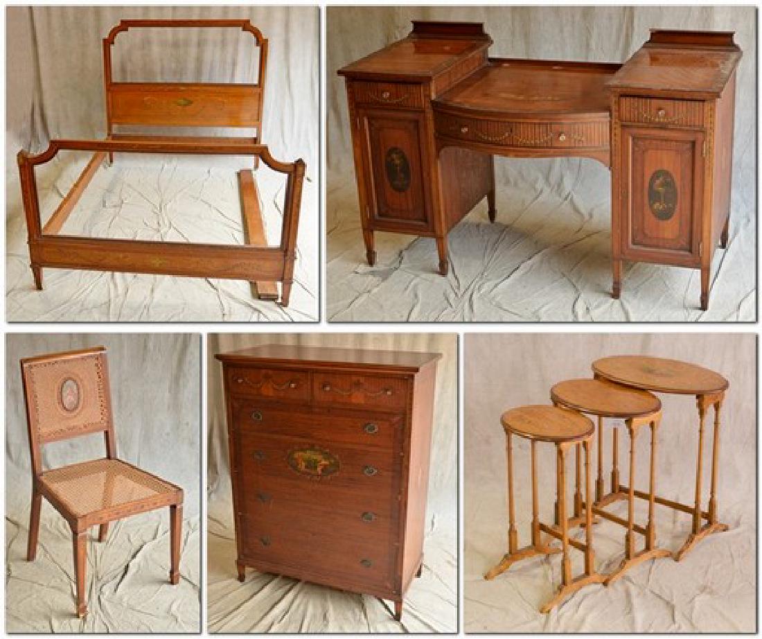 (5) pc Satinwood Adams style paint decorated bedroom: (5) pc Satinwood Adams style paint decorated bedroom set, c/o full size bed, high chest, vanity w/ chair, nesting tables, floral decoration, maidens, and wreaths, high chest 54"h x 42"w x 21"d, bed wi
