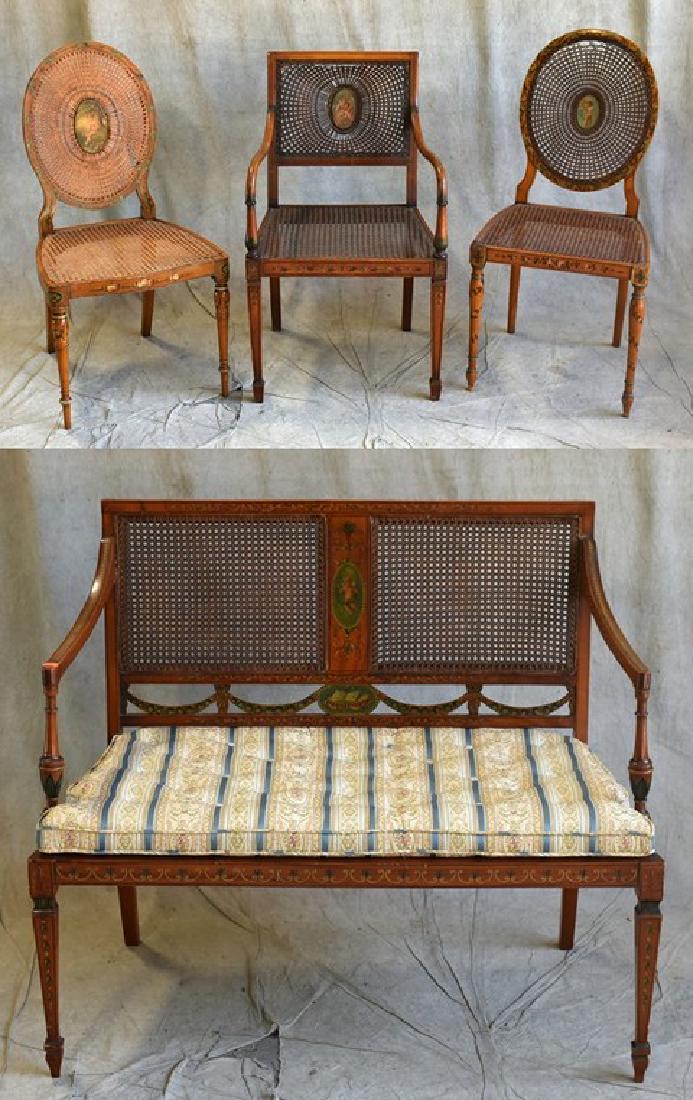 (4) pc Adams style Satinwood paint decorated parlor set: (4) pc Adams style satinwood paint decorated parlor set, c/o caned back settee, pair oval back side chairs, armchair, caned backs and seats, floral and cherub paint decoration, settee 34"h, seat heigh