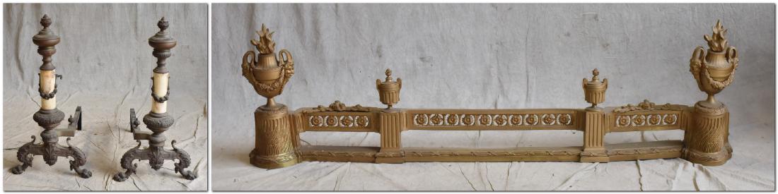 French figural fireplace fender, along with (2) bronze: French figural fireplace fender, along with (2) bronze and marble andirons, fender with urns and figures, floral swag, andirons with swag decoration over marble post with paw feet, fender 55"w
