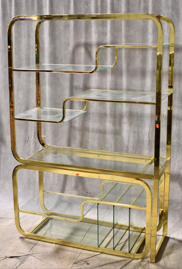 Milo Baughman for DIA 2-pc brass etagere: Milo Baughman for DIA 2-pc brass etagere, glass shelves, metal DIA tag, 72-1/2"h x 45"w x 18"d