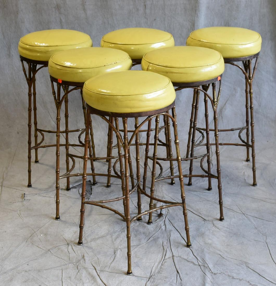 (6) Joseph Giannola faux bamboo barstools: (6) Joseph Giannola faux bamboo barstools, yellow upholstered seats, gold painted metal faux bamboo bases, 31"h x 15-1/2"diameter