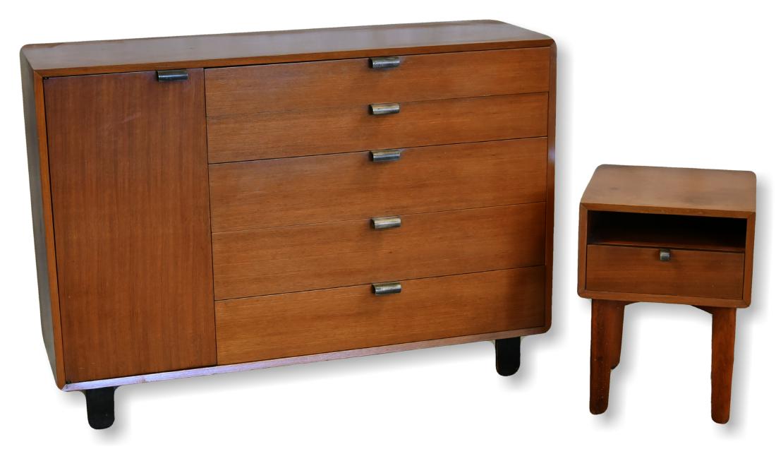 George Nelson for Herman Miller sideboard & one drawer: George Nelson for Herman Miller sideboard & one drawer side table, bent metal hardware, sideboard with five graduating drawers and one door, ebonized feet, side table with shelf and one drawer, sidebo