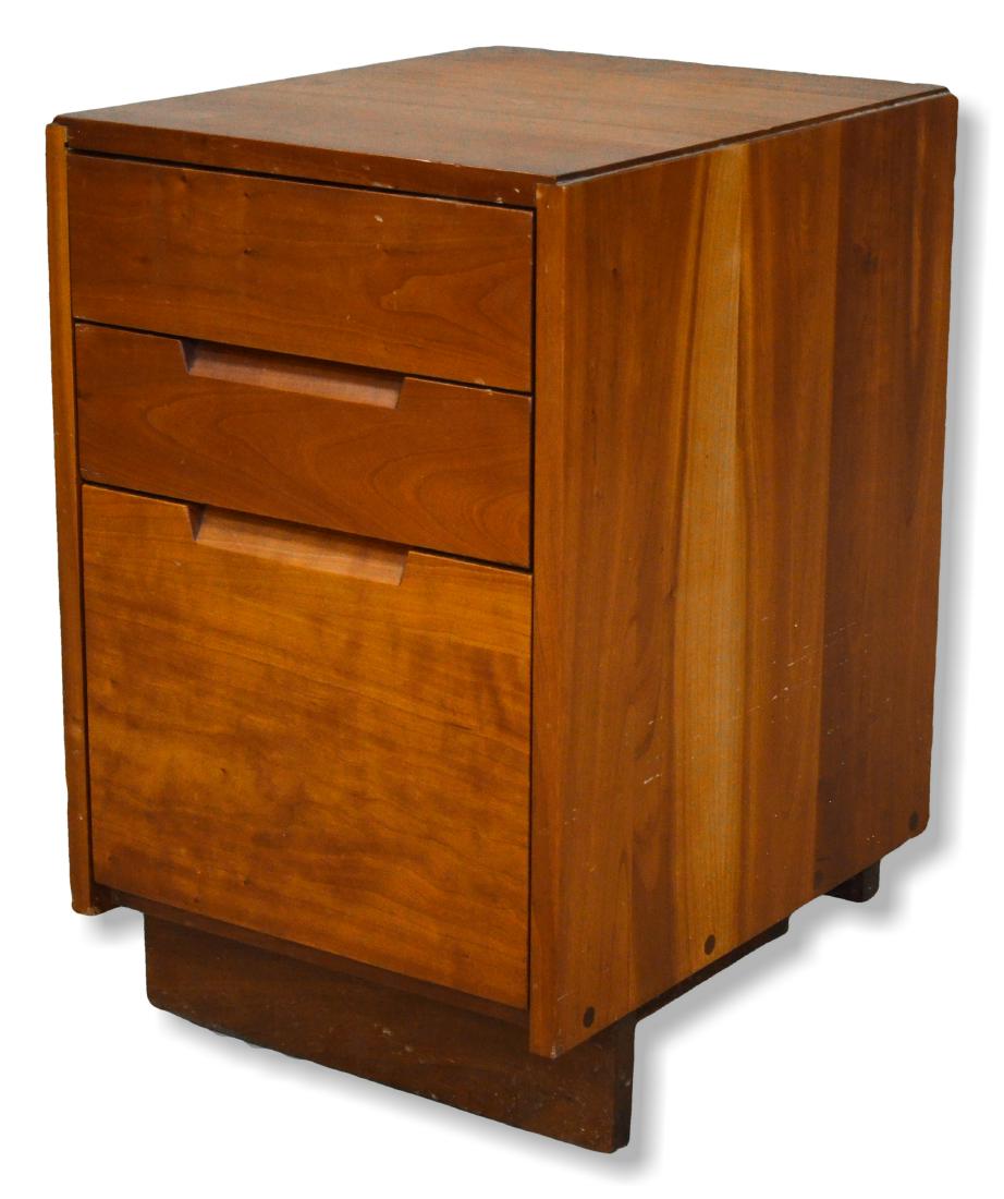 Modern Design 3 drawer nightstand, unmarked: Manner of George Nakashima 3 drawer nightstand, unmarked, 15-5/8"w x 25-1/4"h x 19"d