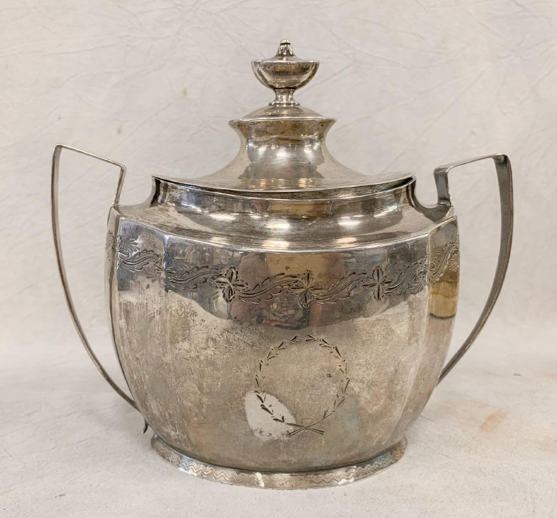 Forbes American Coin Silver Covered Sugar: WG Forbes American coin silver covered sugar bowl, engraved decoration, no monogram, New York, c 1800, 6-3/4" h x 7-1/2" w, 12.15 TO