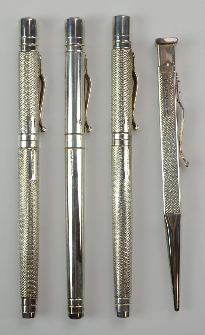 (4) Yard-O-Led Sterling Pens & Pencil: (4) Yard-O-Led sterling silver writing instruments, made in England, c/o (3) roller pens, (1) mechanical pencil, with original sleeves & 3 original boxes, c 1996-2001