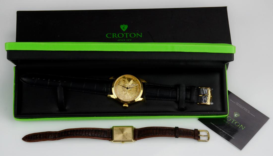 14k Movado Tank Watch and Croton Watch: 14k Movado Mens Tank Watch with Quartz Movement (Not Working at Time of Cataloging), Croton $20 Gold Coin Replica Quartz Watch with Box and Manual (Running at Time of Cataloging, No Warranty Intended)