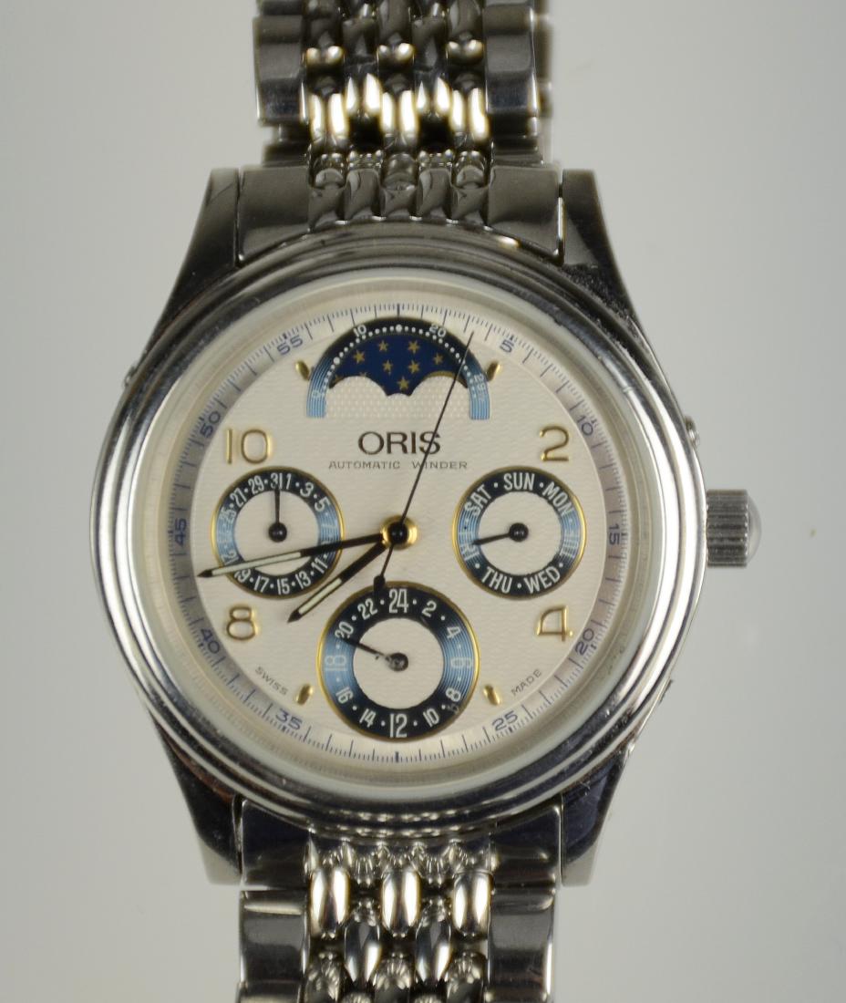 Oris Automatic Chronometer Moon Phase Watch: Oris Automatic Chronometer Moon Phase Watch 7433C with Stainless Steel Band with Extra Links, Blue Leather Band, Box and Manual (Working at Time of Cataloging, No Warranty Intended, Some Wear on Insid