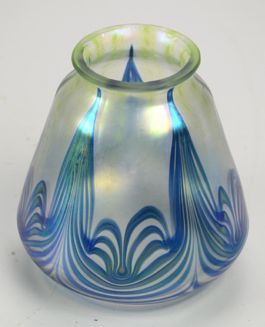 Loetz Blue Feather Art Glass Shade: Loetz art glass shade, blue feather on iridized translucent background, unsigned, 2-1/4" fitter, 4-1/2"h