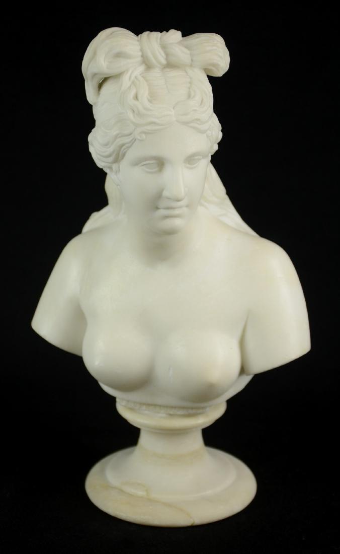 Capitoline Venus Alabaster Bust: Carved alabaster bust, Capitoline Venus, marked "V Campidoglio" under bust, on round plinth base, 11-3/4" h, chip to left breast, chips & repair to base