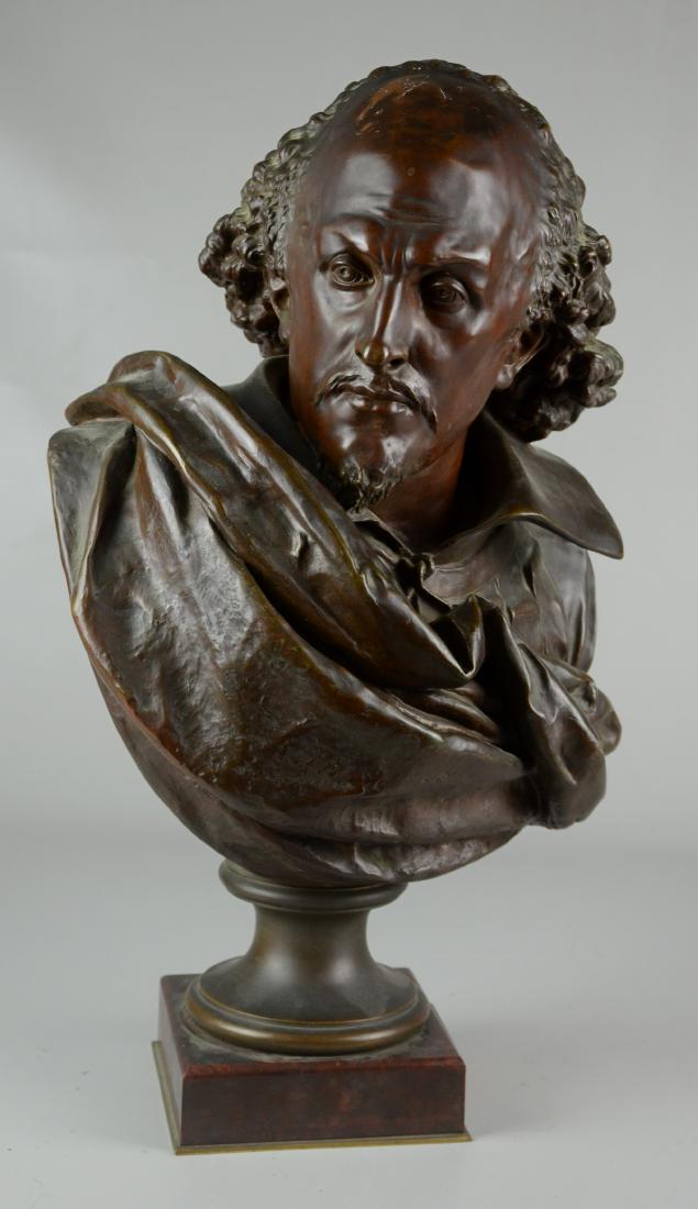 Albert Ernest Carrier-Belleuse Bronze Bust of: Albert Ernest Carrier-Belleuse bronze bust of Shakespeare, signed on back "A. Carrier-Belleuse", rouge marble base, 22-1/4"h, good condition with some wear to patina