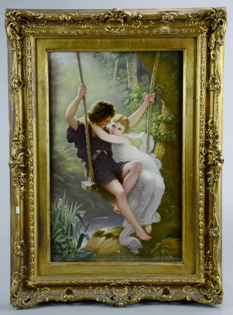 KPM Porcelain Plaque, 'Springtime' by Pierre Auguste: KPM Painted Porcelain Plaque after 'Springtime' by Pierre Auguste Cot (1837-1883), Late 19th Century, Impressed with KPM mark and sceptre verso, artist signed 15 3/4" x 10 1/8". Cot was a painter of t