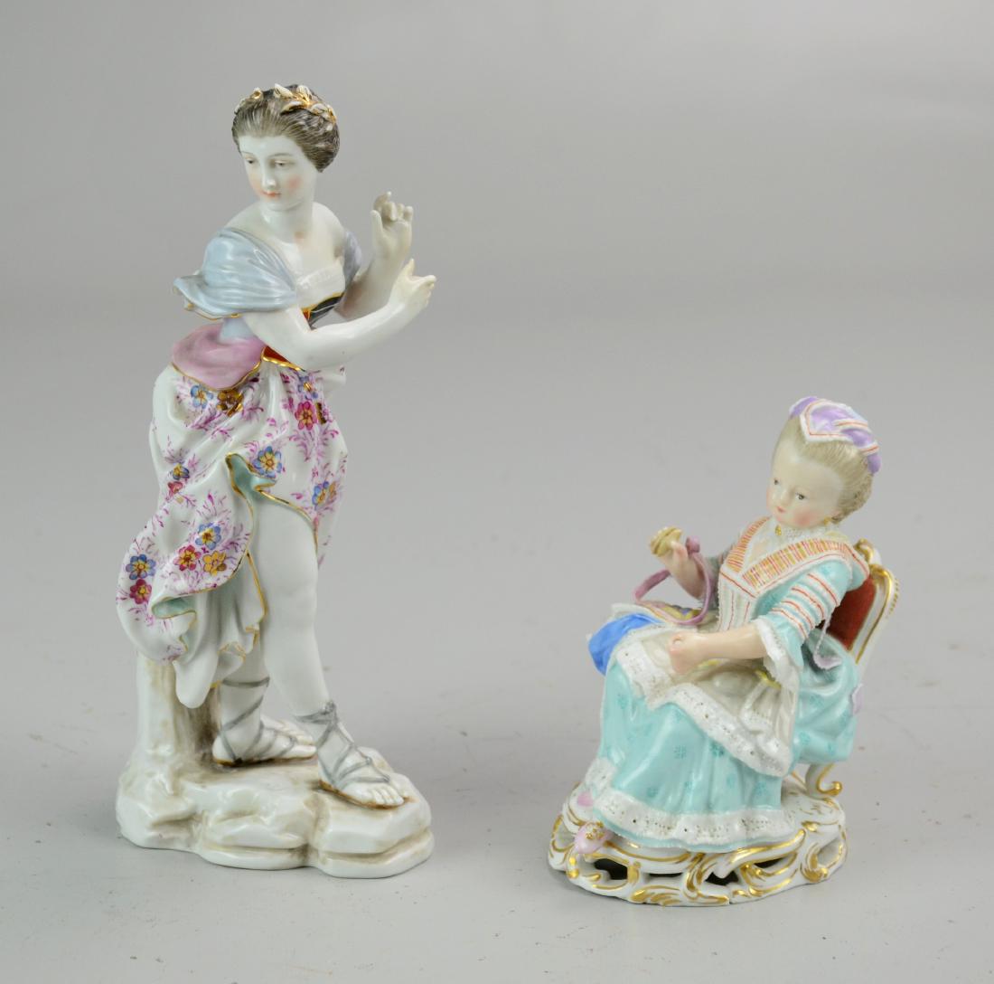 (2) Meissen Figures: (2) Meissen porcelain figurines, c/o standing woman with sandals (missing right forefinger), 8" h, and seated girl tatting lace (broken piece on garment), 4-3/4" h
