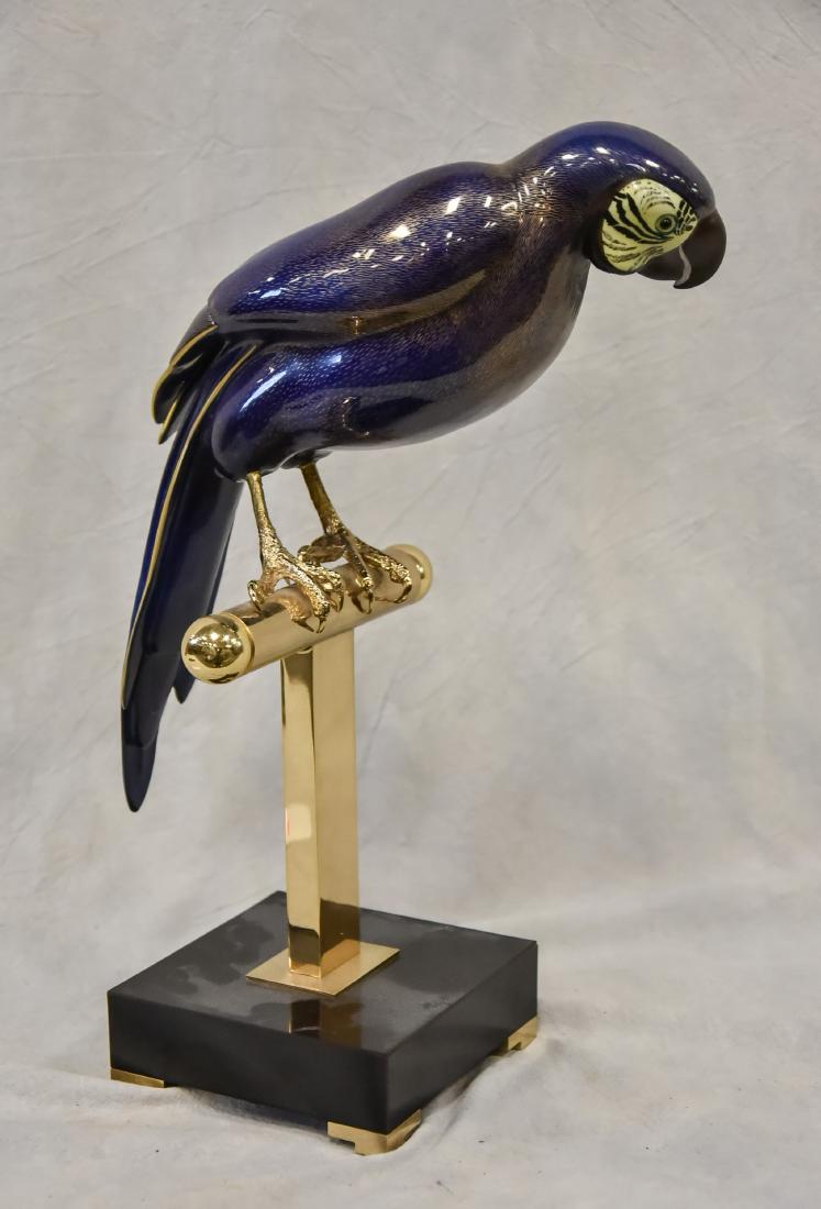 Mangani Oggetti Parrot Figure: Giulia Mangani for Oggetti Italy, hand painted porcelain parrot figurine on stand, gold accents, 14-1/4" h