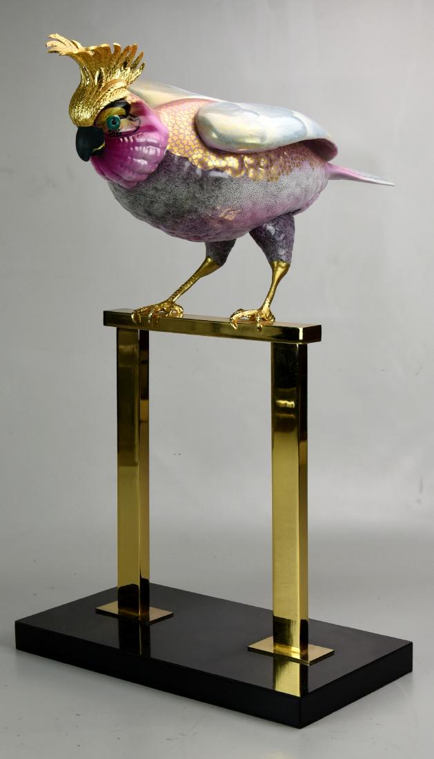 Mangani Oggetti Cockatoo Figure: Giulia Mangani for Oggetti Italy, hand painted porcelain cockatoo figurine on stand, gold accents, 22-1/2" h