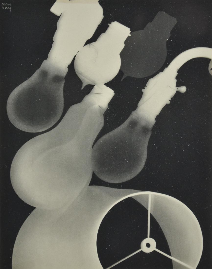 Man Ray Rayograph "La Maison": Man Ray (American, 1890-1976), Rayograph Photogravure "La Maison", printed for Compagnie Parisienne de Distribution d'Electricite © 1931, signed in plate, edition 323/500, 10-1/4" x 8", framed 17-1/8