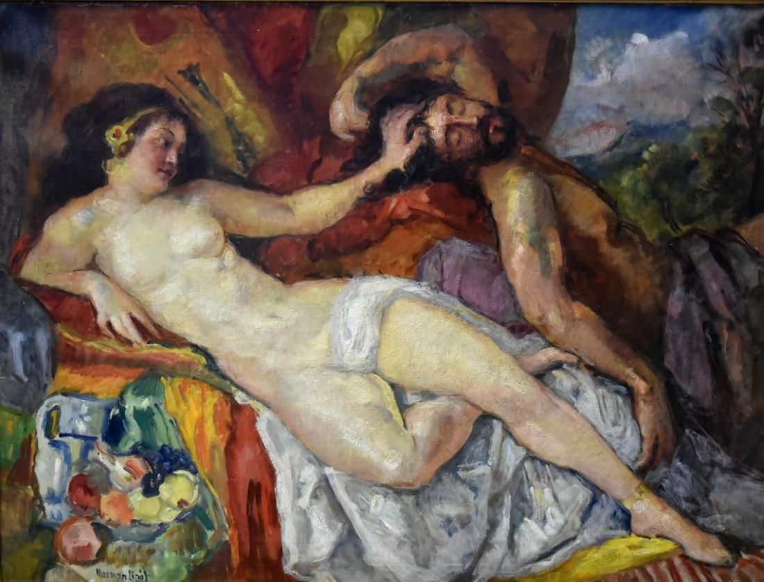 Herman Lipot Painting "Reclining Nude with Lover": Herman Lipot (Hungarian, 1884-1972), painting "Reclining Nude with Lover", oil on canvas, signed lower left, exceptional custom handmade wood and gesso picture frame, 30" x 39-1/2", framed 40-1/2" x 5