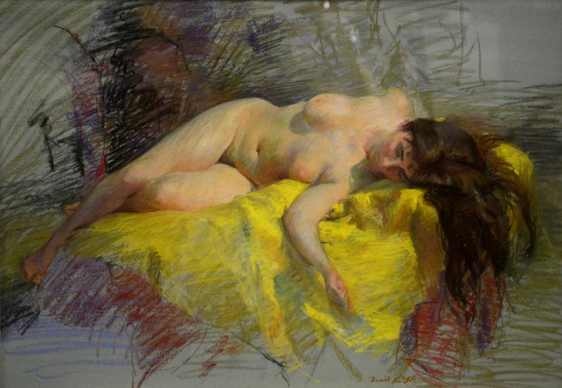 Neil Kosh Pastel Drawing Reclining Female Nude: Neil Kosh (American, 1926-2010), PA artist, pastel drawing of a reclining female nude, signed lower right, 19" x 27" sight, framed 33" x 41", very good condition